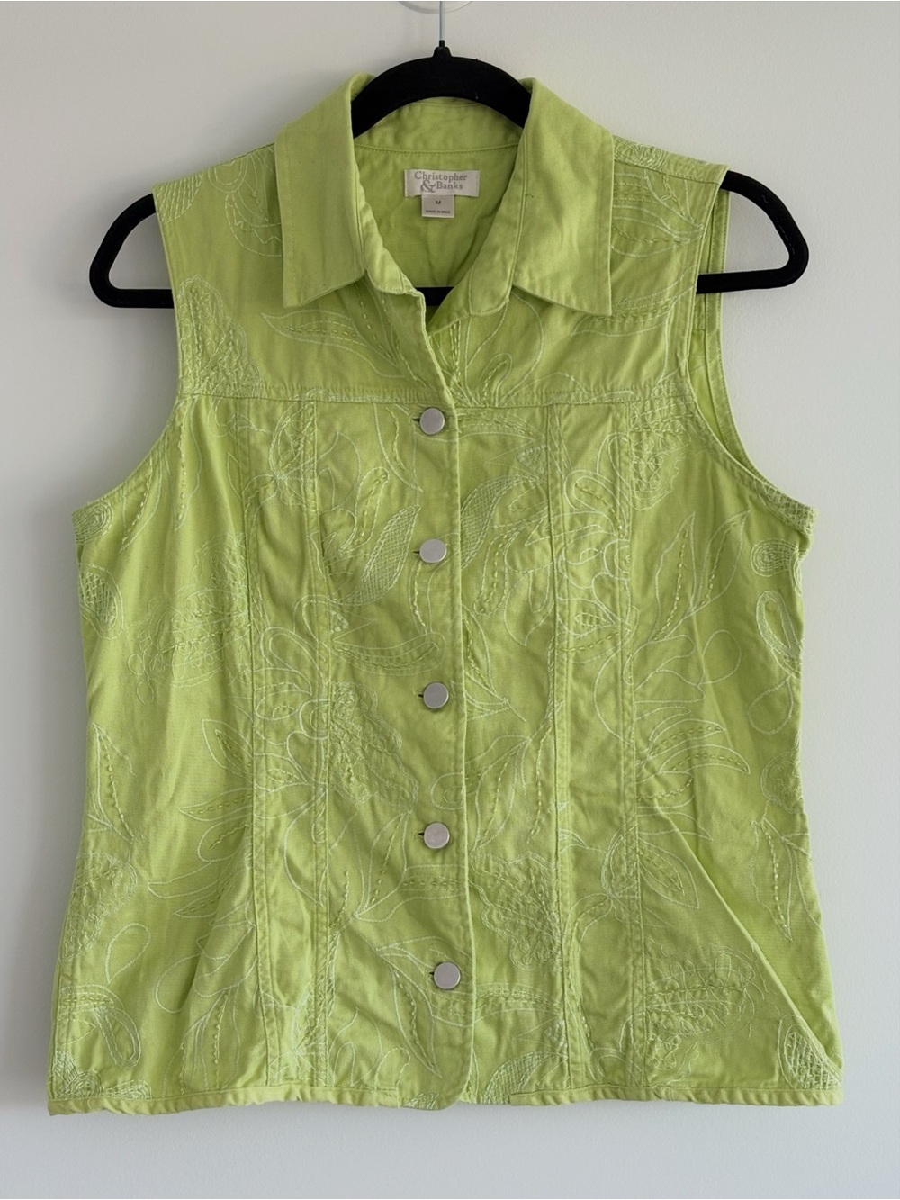 Christopher & Banks Bright Lime Green Sleeveless Button-Front Shirt